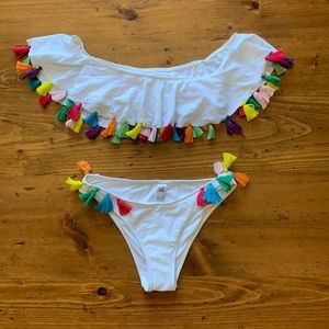 White off shoulder bikini with colorful tassels